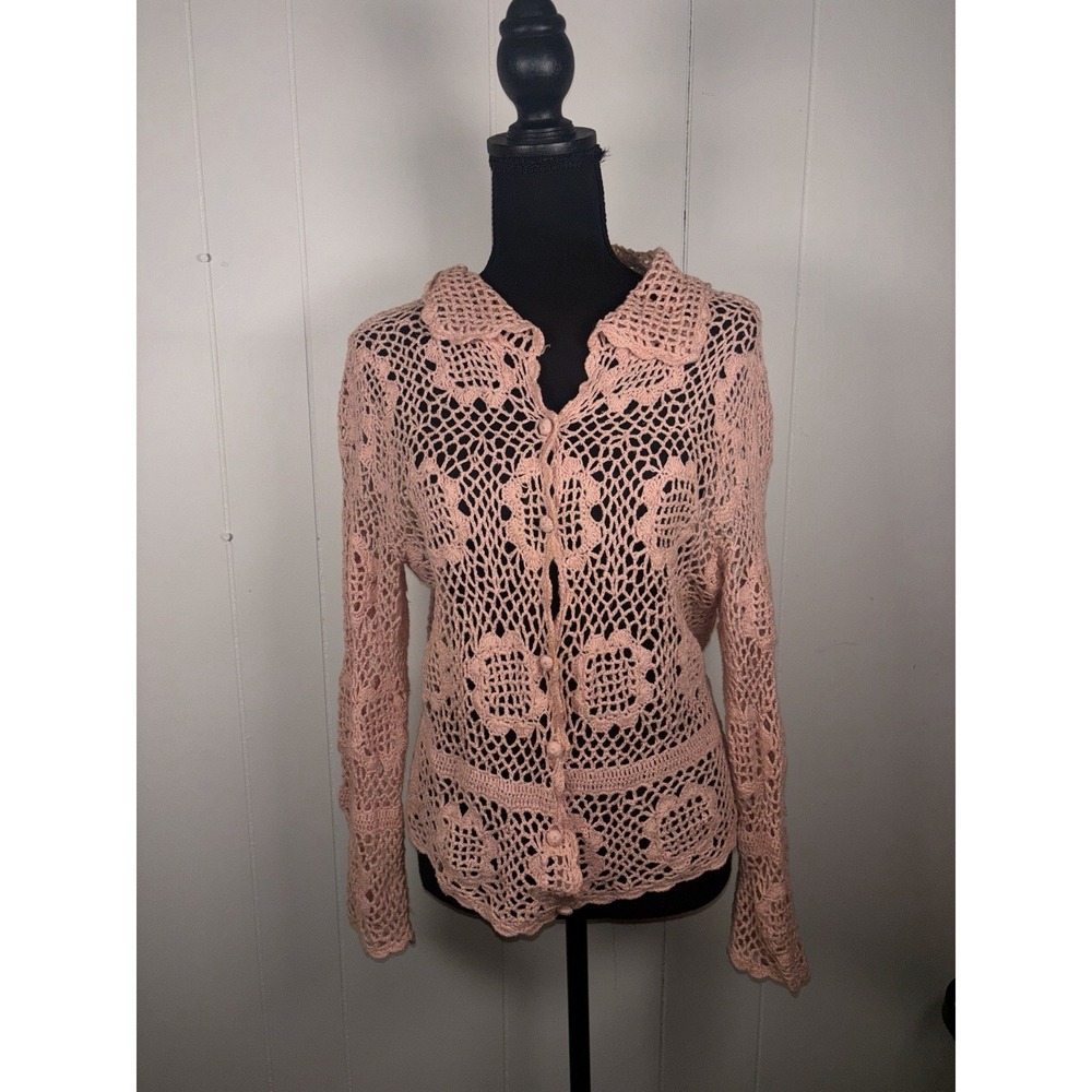 newport‎ news vtg crochet sweater grandma core pink medium collar